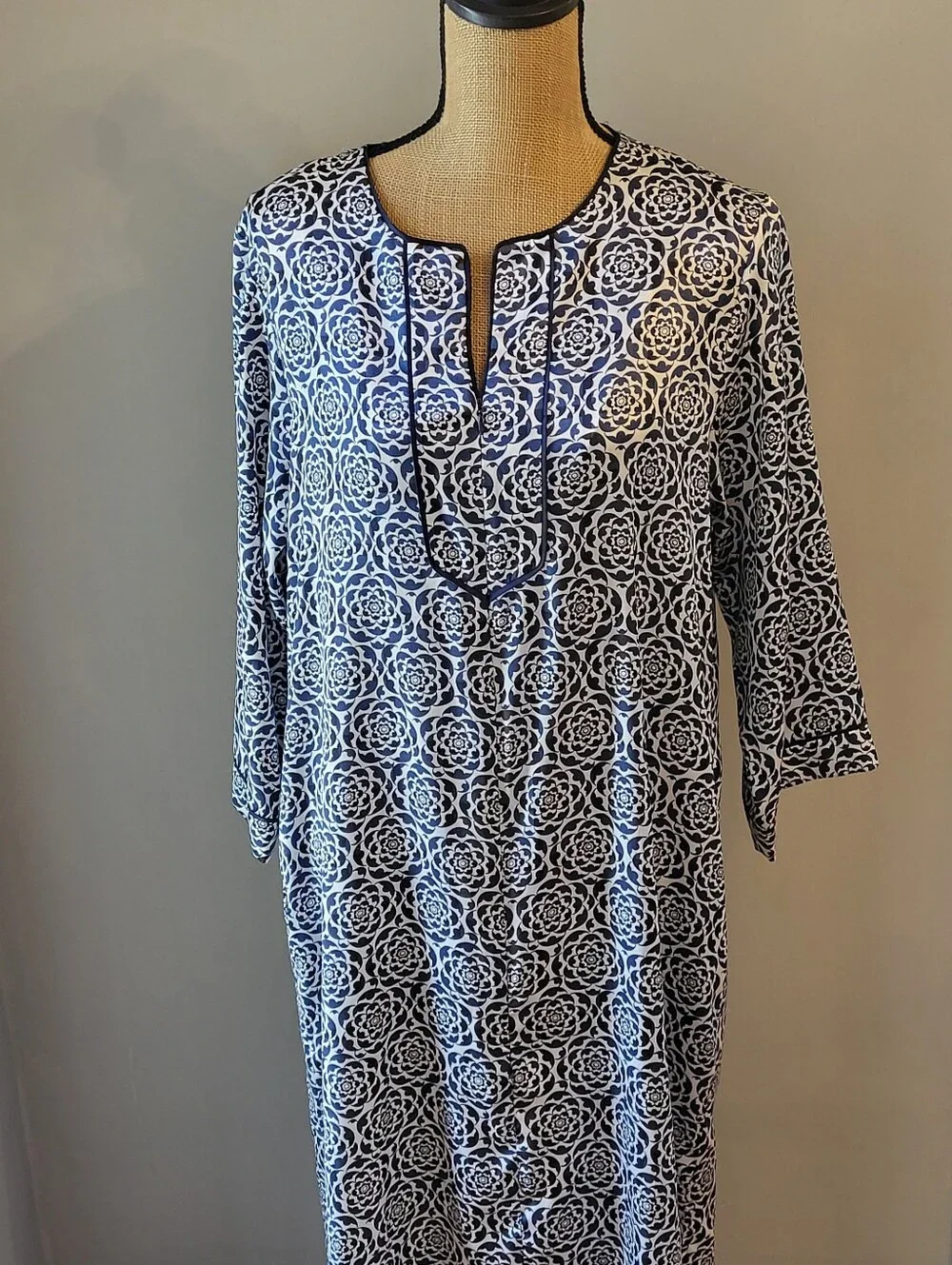 Oscar De La Renta Blue/White Floral Polyester Satin Kaftan Medium - Picture 4 of 11